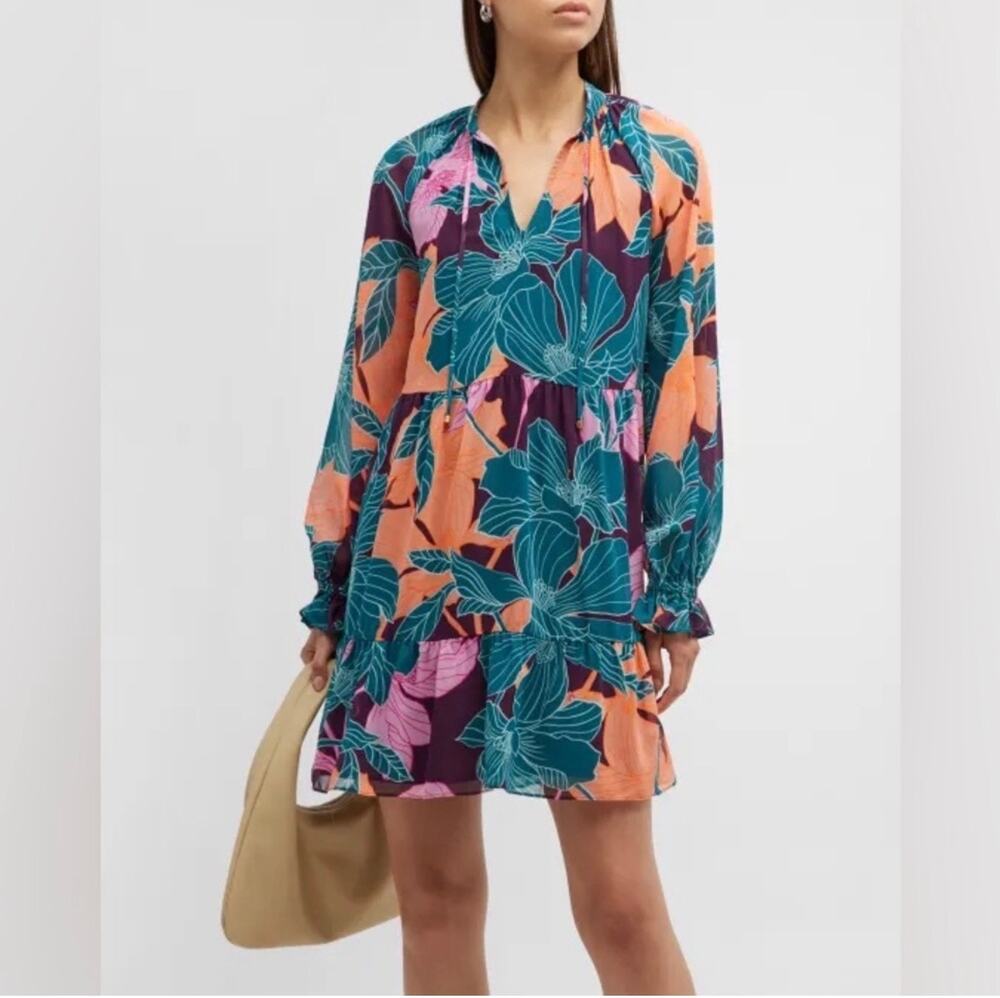 Trina Turk Mini Dress Pink Green Tropical Floral Flowy Lined Size Small